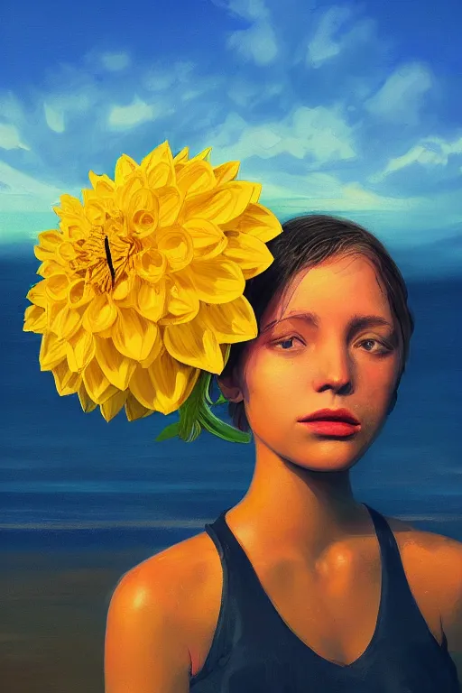 Prompt: closeup girl with huge yellow dahlia flower face, on a beach, surreal photography, blue sky, sunrise, dramatic light, impressionist painting, digital painting, artstation, simon stalenhag