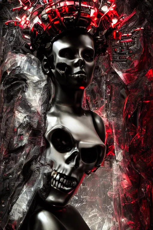 Image similar to full-body cyberpunk style sculpture of a young beautiful dark priestess, half android with a head opening exposing circuitry, glowing red eyes, black roses, flowing blood-red colored silk, fabric, candles. baroque elements. human skull. full-length view. baroque element, intricate artwork by Caravaggio. crows flying in background. Trending on artstation. octane render, cinematic lighting from the right, hyper realism, octane render, 8k, depth of field, 3D