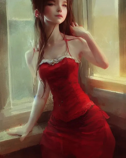 Prompt: aerith gainsborough in red lace skirt, portrait, illustration, rim light, top light, perfectly shaded, soft painting, art by krenz cushart and wenjun lin