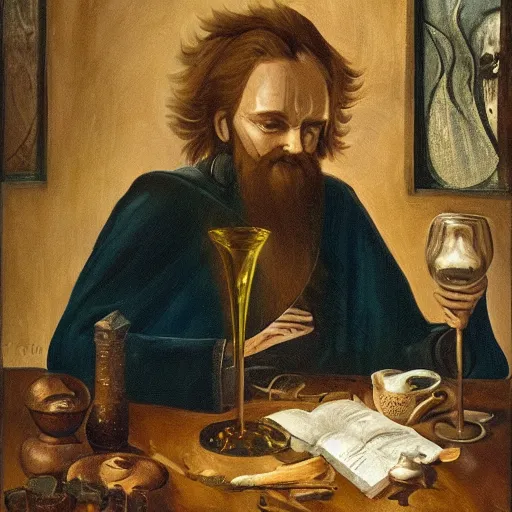 Image similar to a mystical man with a goblet on the table