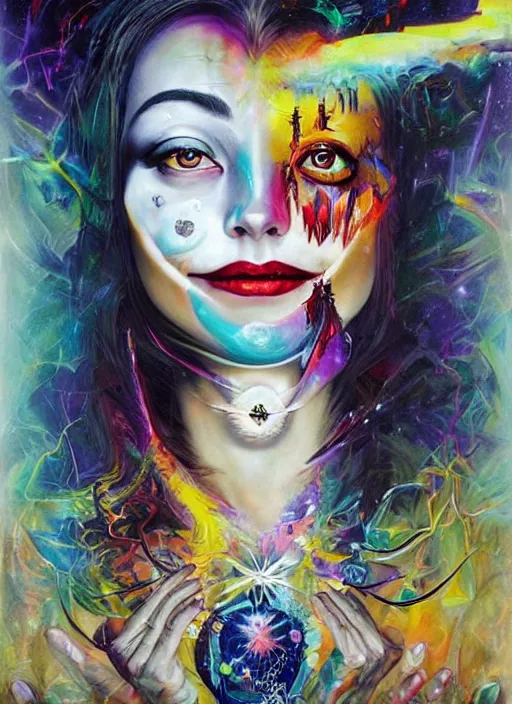 Image similar to collage of gorgeous magic cult psychic woman smiling, third eye, energetic consciousness psychedelic, epic surrealism expressionism symbolism, story telling, iconic, dark robed, oil painting, symmetrical face, dark myth mythos, by Sandra Chevrier Noriyoshi Ohrai masterpiece