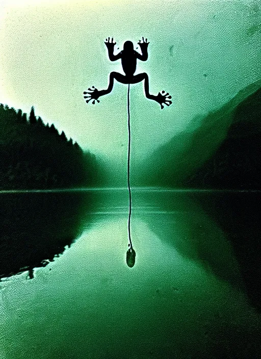 Image similar to “translucent frog amphibian vertically hovering above misty lake waters in jesus christ pose, low angle, long cinematic shot by Andrei Tarkovsky, paranormal, eerie, mystical”