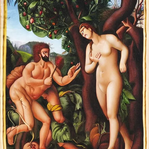 Image similar to God angry in the Garden of Eden. Eve and Adam look guilty