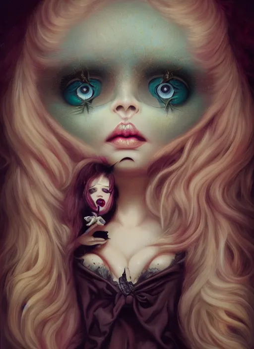 Image similar to pop surrealism, lowbrow art, realistic cute girl painting, japanese street fashion, hyper realism, muted colours, rococo, natalie shau, loreta lux, tom bagshaw, mark ryden, trevor brown style,