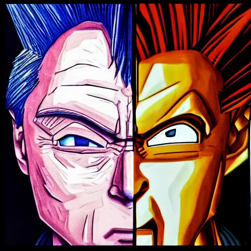 Prompt: photorealistic, extremely detailed, goku with christopher walken ’ s face, portrait, solo