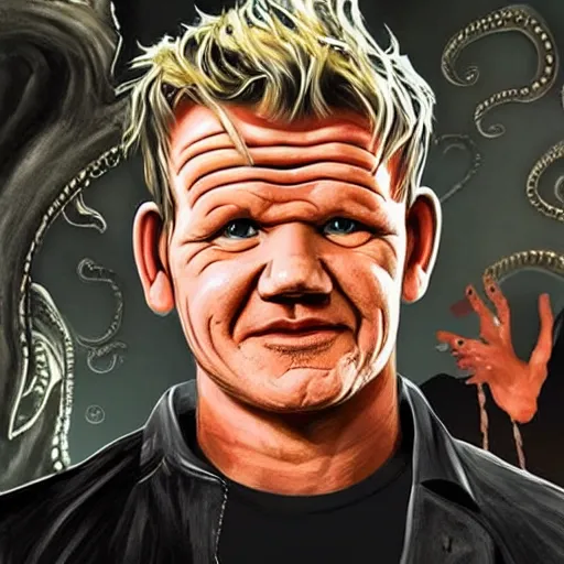 Image similar to gordon ramsay turning into a horrible horrific cthulu lovecraftian monster in the style of greg rutkowski