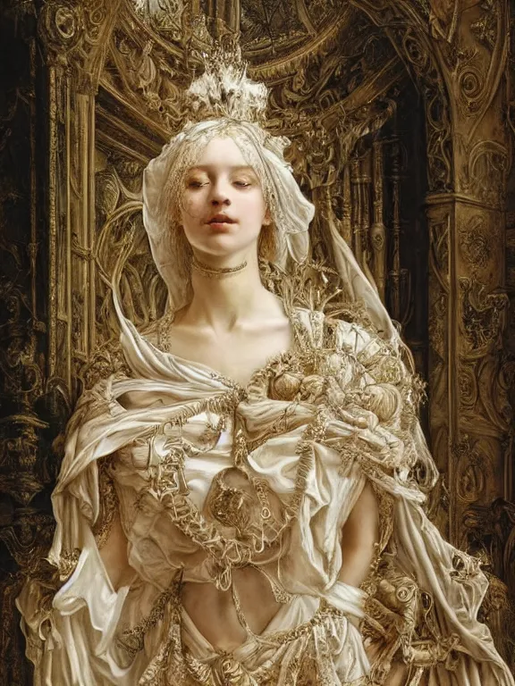 Image similar to a beautiful render of baroque catholic veiled the white queen sculpture with symmetry intricate detailed,by Lawrence Alma-Tadema, peter gric,aaron horkey,Billelis,trending on pinterest,hyperreal,jewelry,gold,intricate,maximalist,golden ratio,cinematic lighting