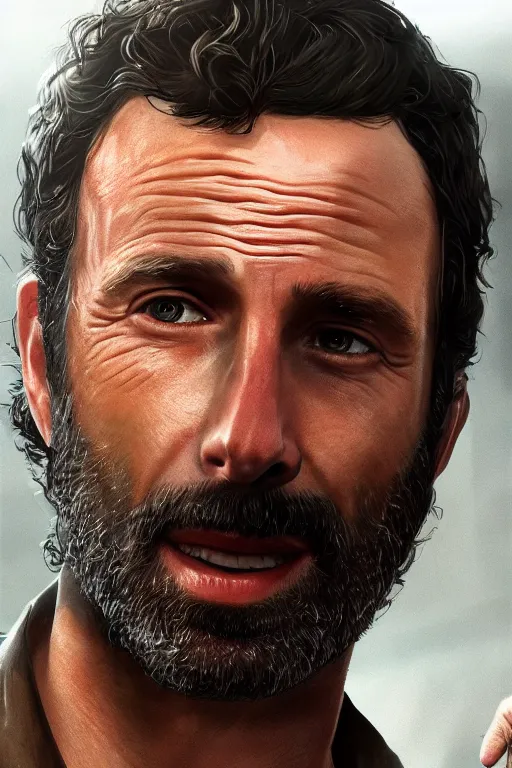 Image similar to portrait art of rick grimes 8 k ultra realistic, digital art, character portrait, highly detailed, trending on artstation, lens flare, atmosphere, hyper realistic, cinematic lightning, sharp focus, unreal engine 5, extreme details perfect face, pretty face, fine - face, illustration, 8 k, ultra texture, masterpiece