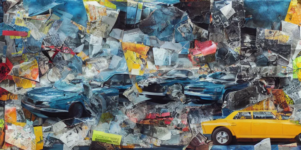 Image similar to car wash, collage paper and tape, acrylic on canvas and hyperrealism mixed with collage, high resolution, cinematic, unreal 6, breathtaking detailed, by peter bankov