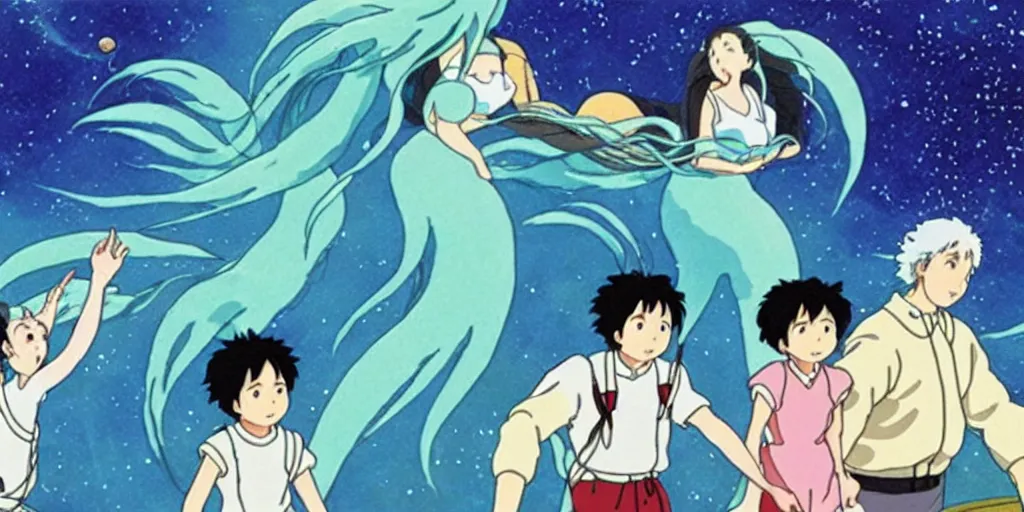 Prompt: studio ghibli animation about a space mermaid film