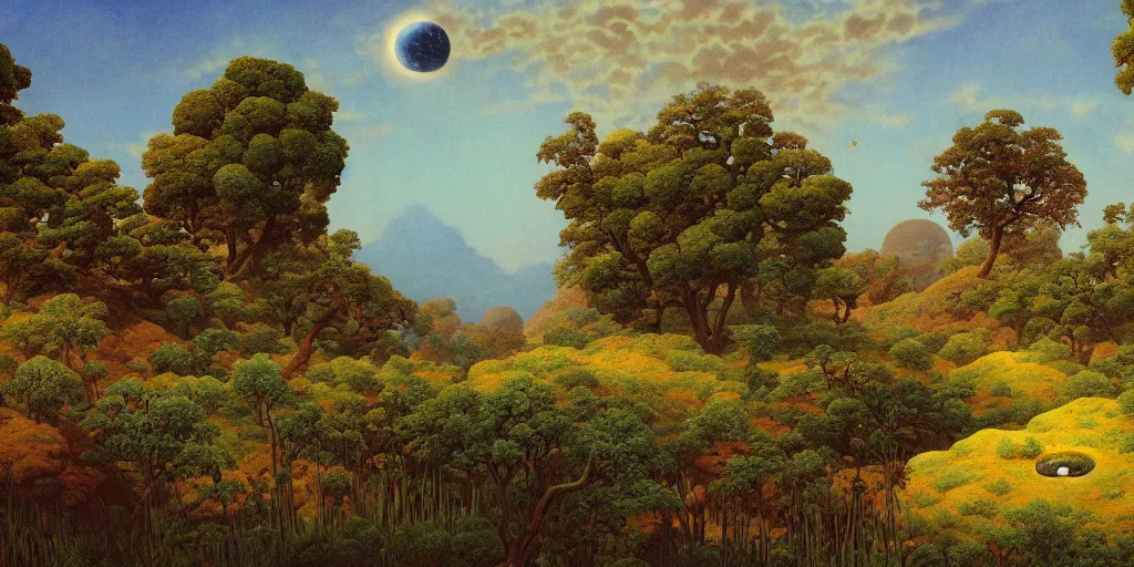 Image similar to a moon landscape with many craters, in a big crater at the center there is a beautiful garden, 8 k, lowbrow in the style of martin johnson heade and daniel merriam!