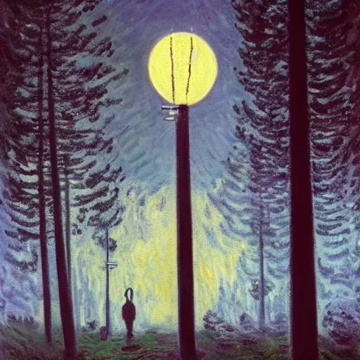 Prompt: Moon on a lamppost in the forest by Simon Stålenhag and Claude Monet, oil on canvas