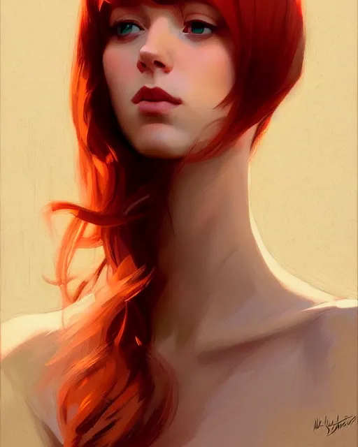 Image similar to stylized portrait of an artistic pose, composition, young redhead, realistic shaded, fine details, realistic shaded lighting poster by ilya kuvshinov, magali villeneuve, artgerm, jeremy lipkin and michael garmash and rob rey