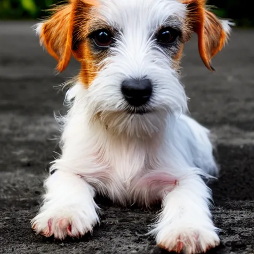 Image similar to a high quality photograph of a scruffy wire haired jack russell terrier puppy, white with brown spots, brown patches over both eyes. friendly, curious expression.