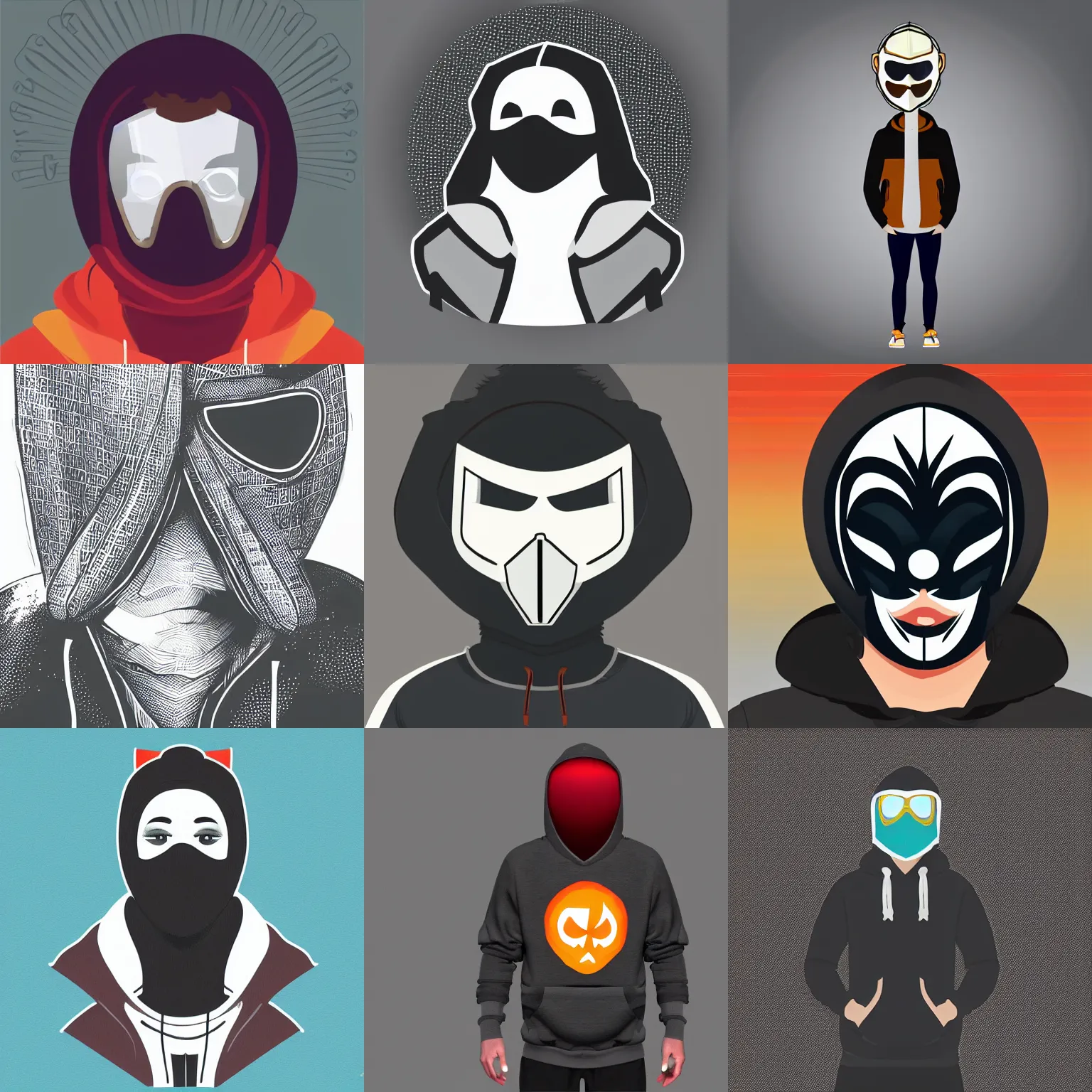 Prompt: a guy wearing a mask and a hoodie, vector art by Bascove, reddit, verdadism, quantum wavetracing, black background, #vfxfriday