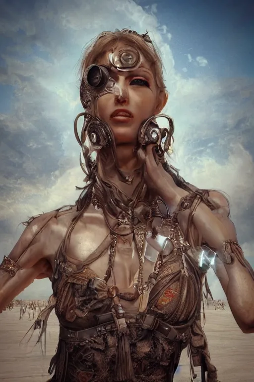 Prompt: a centered photo of a post apocalyptic supermodel goddess at burning man festival playa, powerful, cinematic, beautifully lit, by artgerm, by karol bak, 3 d, perfect face and body, trending on artstation, octane render, 8 k