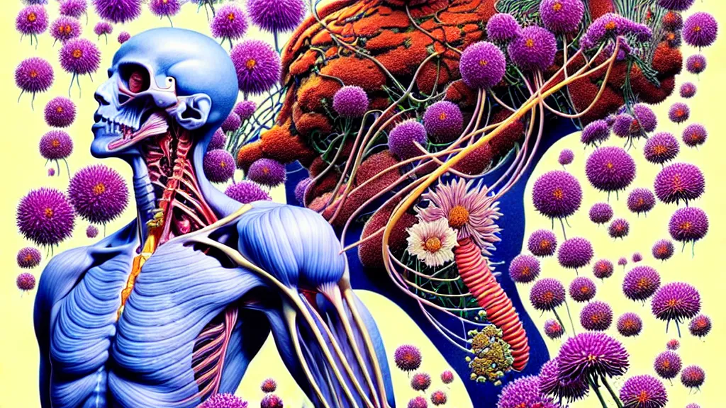 Image similar to highly detailed illustration of a human anatomy body exploded by all the known species of flowers by juan gatti, by makoto shinkai, by moebius!, by oliver vernon, by joseph moncada, by damon soule, by manabu ikeda, by kyle hotz, by dan mumford, by kilian eng