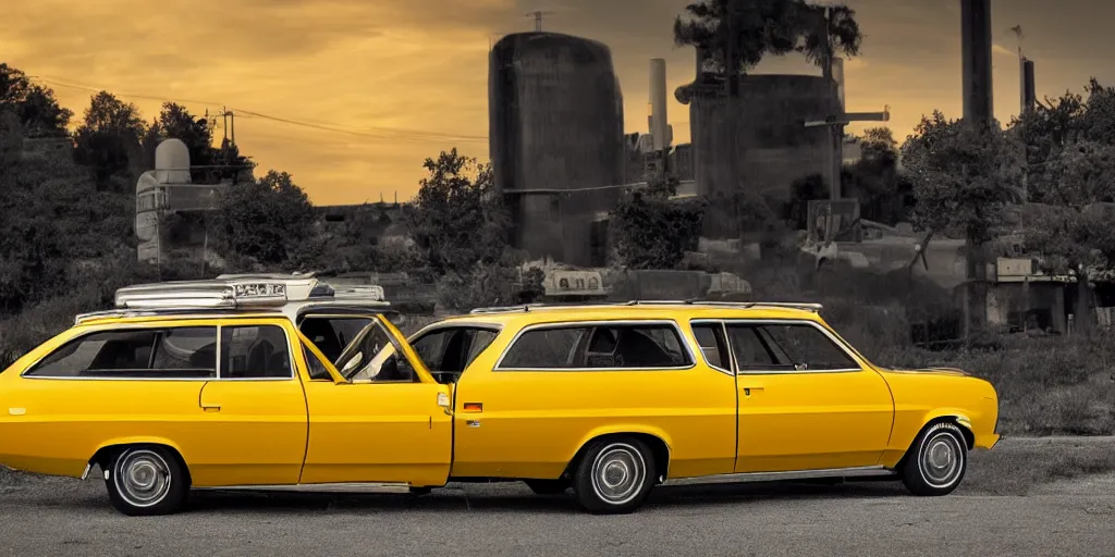 Image similar to 1 9 7 3 ford pinto stationwagon, yellow - orange color, wide - angle lens, dramatic lighting, cool marketing photo