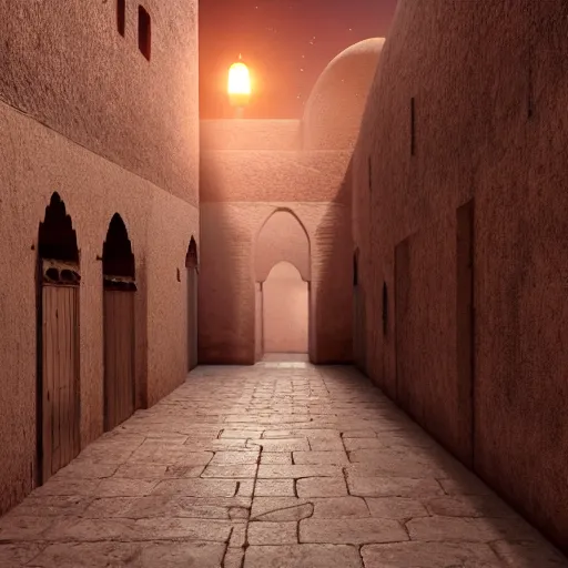 Prompt: ancient moroccan architecture alleyway, skylights, light shafts, hyperrealistic, cinematic lighting, highly detailed and intricate, sunset, cinematic, atmospheric, octane render h 1 9 2 0