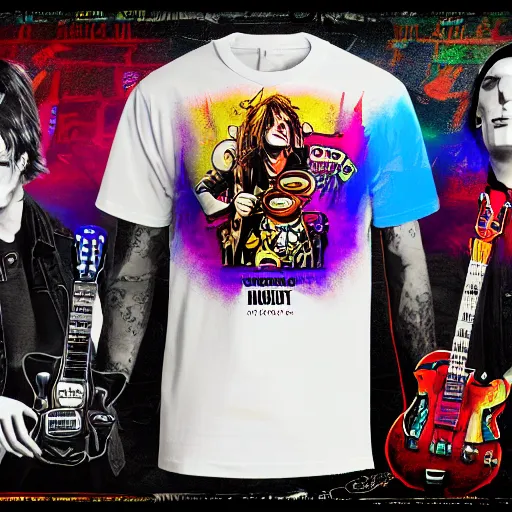 Image similar to merchandise tshirt art of a fictive rockband with 3 dieselpunk robots playing guitar, 8 k, flourescent colors, halluzinogenic, multicolored, exaggerated detailed, front shot, 3 d render, octane