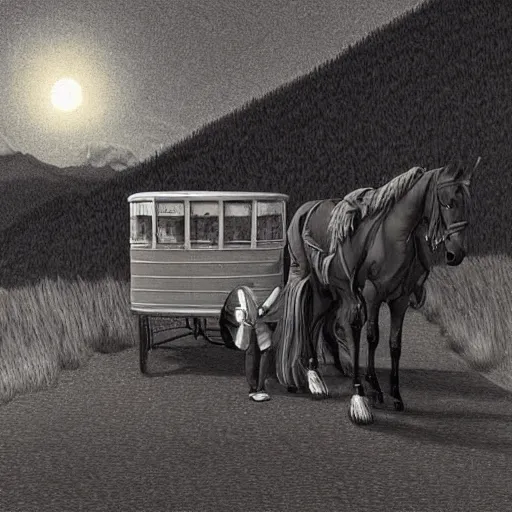 Image similar to a man in old fashioned clothes waits by the side of the road with his suitcase, looking at a coach with 4 horses is in front of him, night time in the mountains highly detailed in the style of edward gorey, artgerm, 8 k resulution - c 5