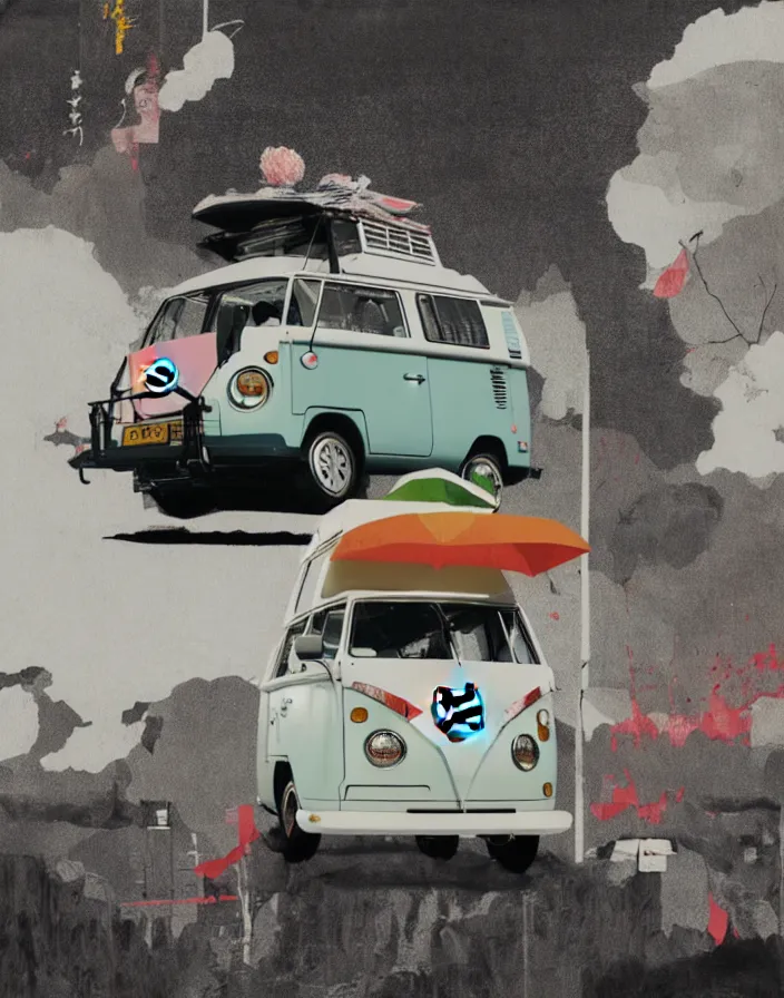 Image similar to vw camper touring rural japan, a collage painting, in the style of wes anderson, lola dupre, david hockney, isolated on negative white space background dark monochrome fluorescent spraypaint accents volumetric octane render, no double figure