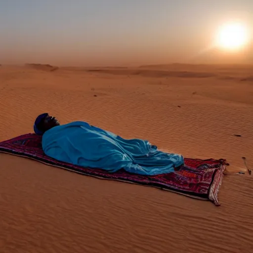 Image similar to a photo of Ghandi sleeping rough in the Sahara during eclipse sunrise, perfect lighting