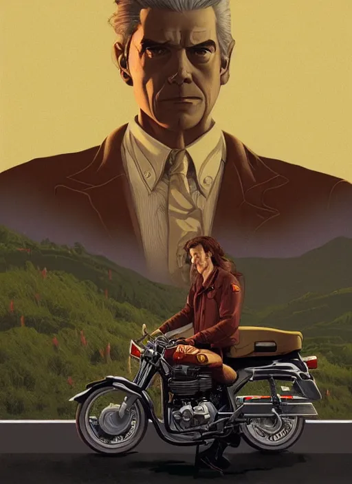 Prompt: Twin Peaks poster artwork by Michael Whelan and Tomer Hanuka, Rendering man on classic motorcycle, full of details, by Makoto Shinkai and thomas kinkade, Matte painting, trending on artstation and unreal engine