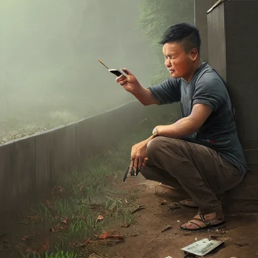 Image similar to indonesian guy doing squat on the side of a road looking at his phone and smoking a cigarette, highly detailed, deep focus, elegant, digital painting, sharp focus, ultra realistic, 8 k, art by greg rutkowski