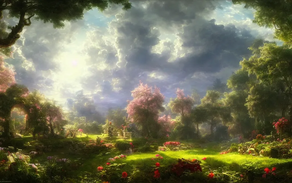 Image similar to 8K HD wallpaper of heaven garden, by Albert bierstadt and jonas de ro ,trending on artstation, wide angle,vivid color,light effect, hyper detailed