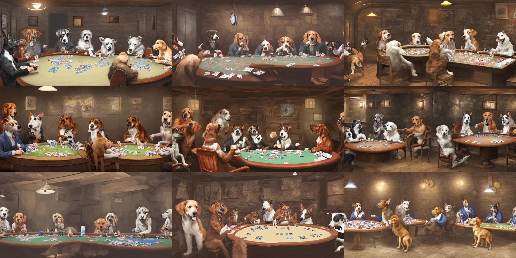 Prompt: a realistic digital art illustration of a group of random dogs playing poker in a basement.