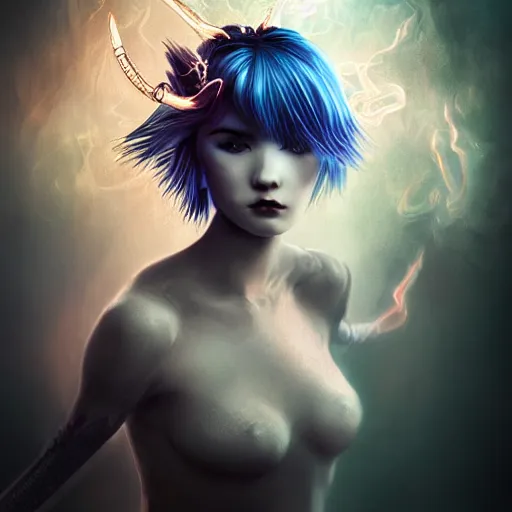 Image similar to The dragon girl portrait, portrait of young girl half dragon half human, dragon girl, dragon skin, dragon eyes, dragon crown, blue hair, long hair, highly detailed, cinematic lighting, by David Lynch