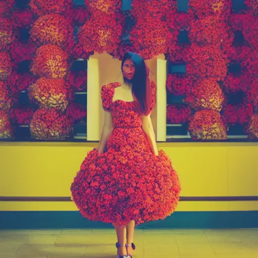 Image similar to giant flower head, frontal, girl standing in mid century hotel, surreal, symmetry, bright colors, cinematic, wes anderson