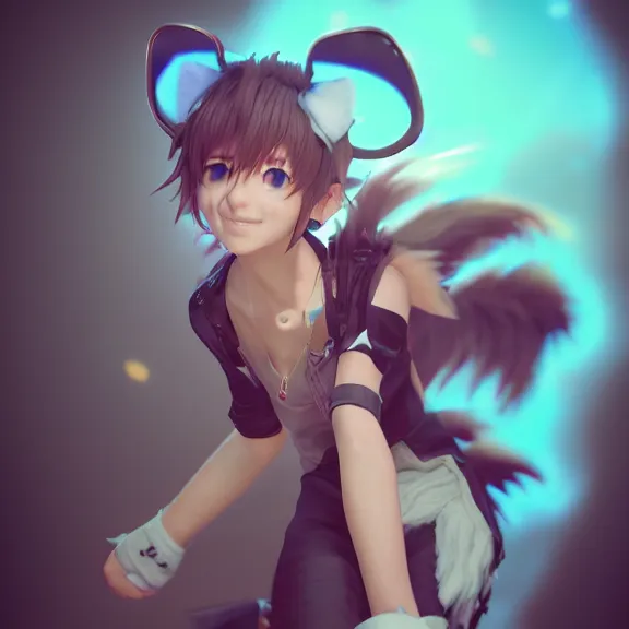 Prompt: 3D render of a cute anime boy with cat ears and tail, hair covering eyes, fantasy artwork, fluffy, mid-shot, award winning, hyper detailed, very very very beautiful, studio lighting, artstation, unreal engine, unreal 5, 4k, octane renderer