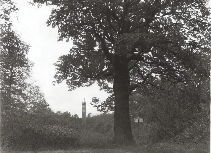 Prompt: photo of a metropolitan police box partially obscured by trees in rural london, police box, 1936, sepia