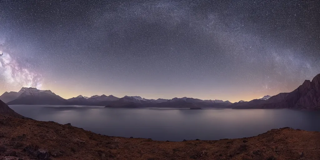 Image similar to Galaxy arch, the foreground is snowy mountains and lakes, in the style of National Geographic magazine