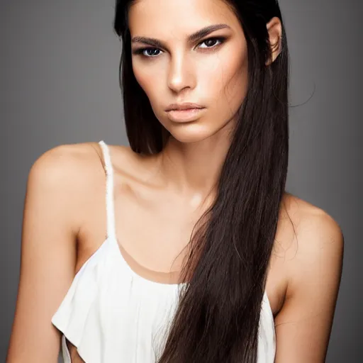 Image similar to Portrait photo of a beautiful supermodel, beautiful bone structure, long dark hair, olive skin, brown eyes, natural makeup, studio lighting, highly detailed, photo by Damon Loble.