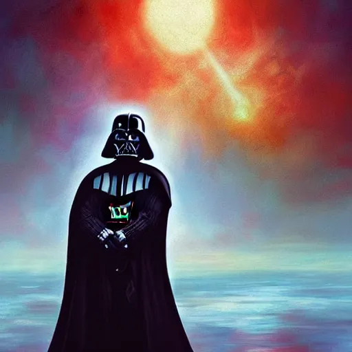 Image similar to sad darth vader looking out to the horizon, artstation hall of fame gallery, editors choice, # 1 digital painting of all time, most beautiful image ever created, emotionally evocative, greatest art ever made, lifetime achievement magnum opus masterpiece, the most amazing breathtaking image with the deepest message ever painted, a thing of beauty beyond imagination or words