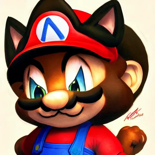 Image similar to Portrait Cat as Super Mario from Super Marios Bros, Nintentdo, highly detailed, digital painting, artstation, concept art, smooth, sharp focus, illustration, art by artgerm and greg rutkowski and alphonse mucha