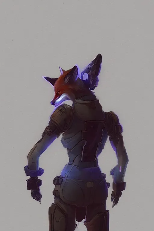 Image similar to an anthropomorphic cyberpunk fox, backlighting, trending on artstation, digital art, furry art, trending on furaffinity, fantasy art, by kawacy, view from behind