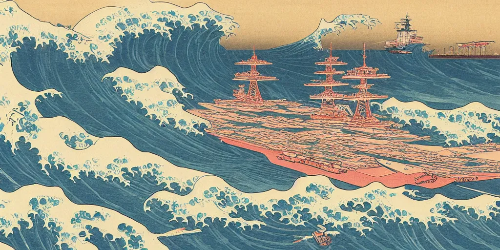 Prompt: A painting of nn aircraft carrier on the Great Wave, by Hokusai