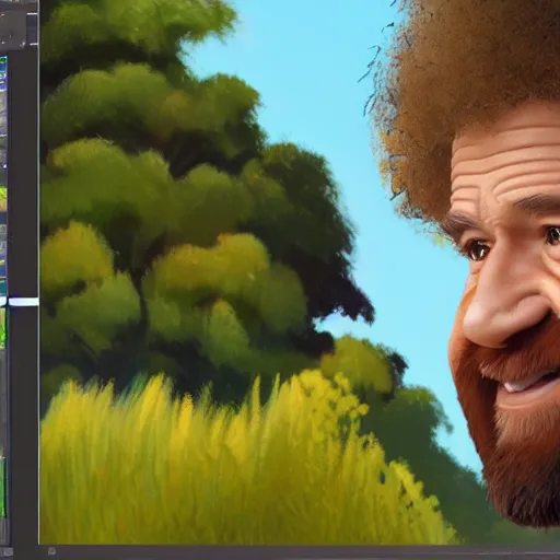 Image similar to a closeup photorealistic photograph of bob ross working on a canvas painting of hawkeye. film still. brightly lit scene. this 4 k hd image is trending on artstation, featured on behance, well - rendered, extra crisp, features intricate detail, epic composition and the style of unreal engine.