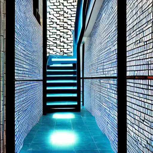 Prompt: dreampool rooms, neon ceramic tiles, spiraling stairs, blue sunlight coming through columns of neon tile