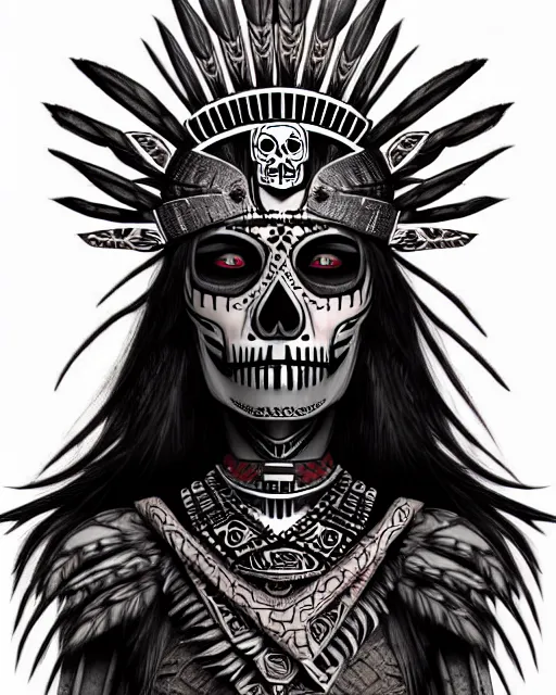 Image similar to character design, aztec warrior goddess with beautiful skull face, crown of very long feathers, full body, glowing aztec tattoos, beautiful, dark fantasy by hr giger