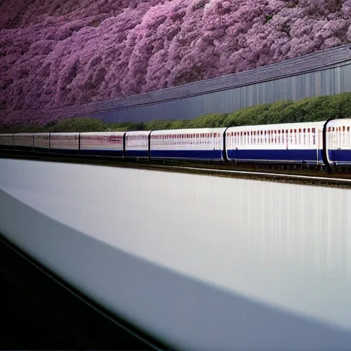 Prompt: iconography of the Tokaido bullet train passing mr. Fuji in springtime, twilight, photography in the style of Andreas Gursky —w 400 —h 600