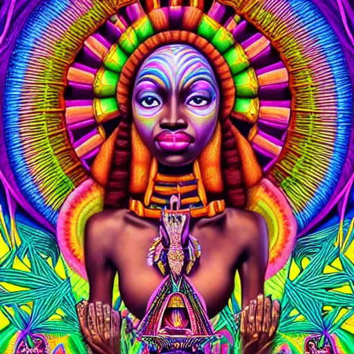 Image similar to a regal and heroic african queen with a colorful afro sitting in a cabana near a large steampunk pyramid near a pink river with a large glowing baobab tree, by amanda sage and alex grey and evgeni gordiets in a surreal psychedelic style, symmetrical, detailed eyes, oil on canvas 8k, hd