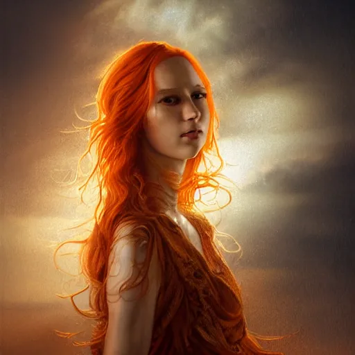 Prompt: majestic gracious regal female orange - haired greek goddess portrait, atmospheric lighting, painted, menacing, intricate, volumetric lighting, beautiful, rich deep colours masterpiece, golden hour, sharp focus, ultra detailed, by leesha hannigan, ross tran, thierry doizon, kai carpenter, ignacio fernandez rios