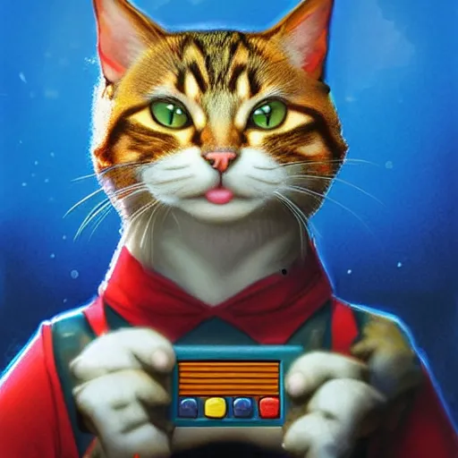 Image similar to Portrait of a Cat as Super Mario, Nintendo, super mario bros poster, highly detailed, digital painting, artstation, concept art, smooth, sharp focus, illustration, art by artgerm and greg rutkowski and alphonse mucha