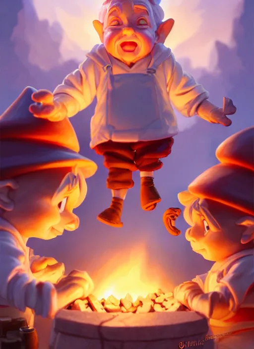 Image similar to cute gnomes roasting marshmallos, natural lighting, path traced, highly detailed, high quality, digital painting, by don bluth and ross tran and studio ghibli and alphonse mucha, artgerm