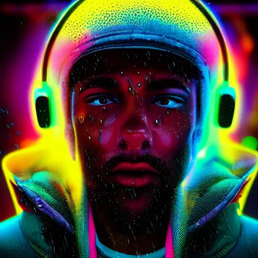 Image similar to splashes of neon, cartoon portrait made out of rain, trending on artstation, epic composition, emotional, beautiful, rendered in octane, unreal engine, highly detailed, realistic, galaxy background